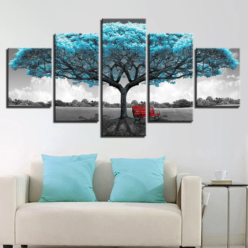 Abatract Blue Tree Landscape 5 Panels Painting Canvas Wall Decoration