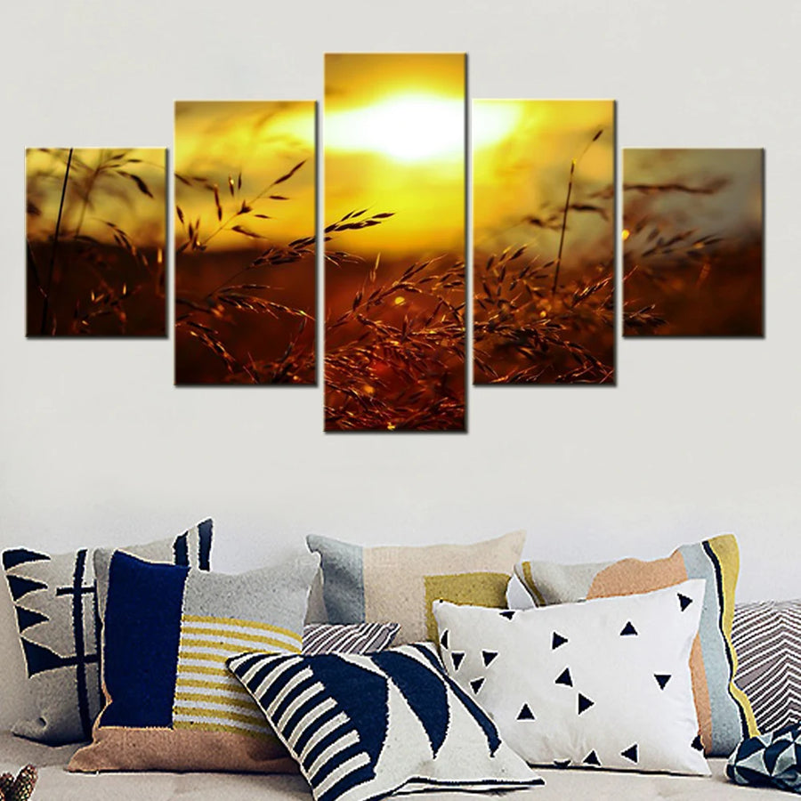 Sunset Grass Golden Hour Nature Summer 5 Panels Painting Canvas Wall Decoration