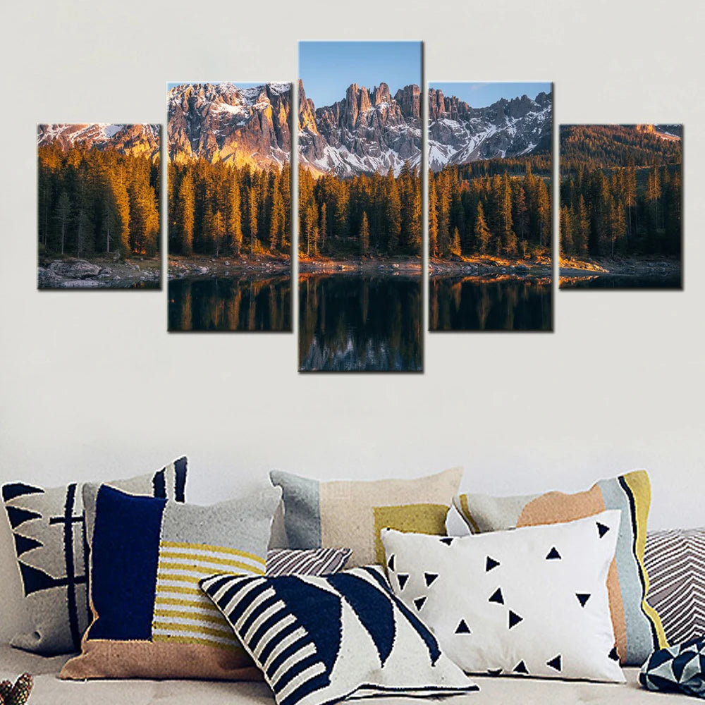 Nature Dolomites Karersee Lake 5 Panels Painting Canvas Wall Decoration