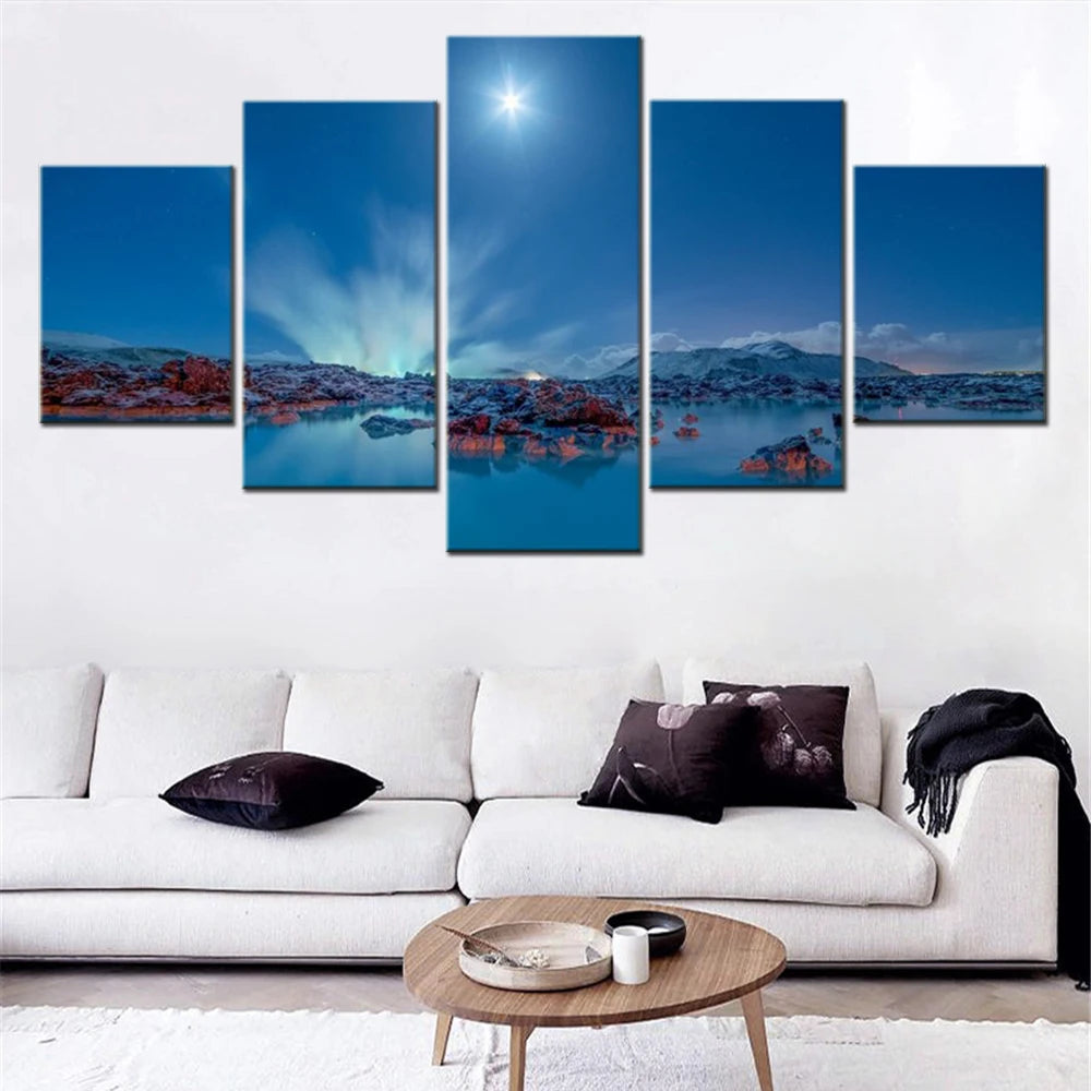 Sea Coast Iceland Lagoon Night Moon 5 Panels Painting Canvas Wall Decoration