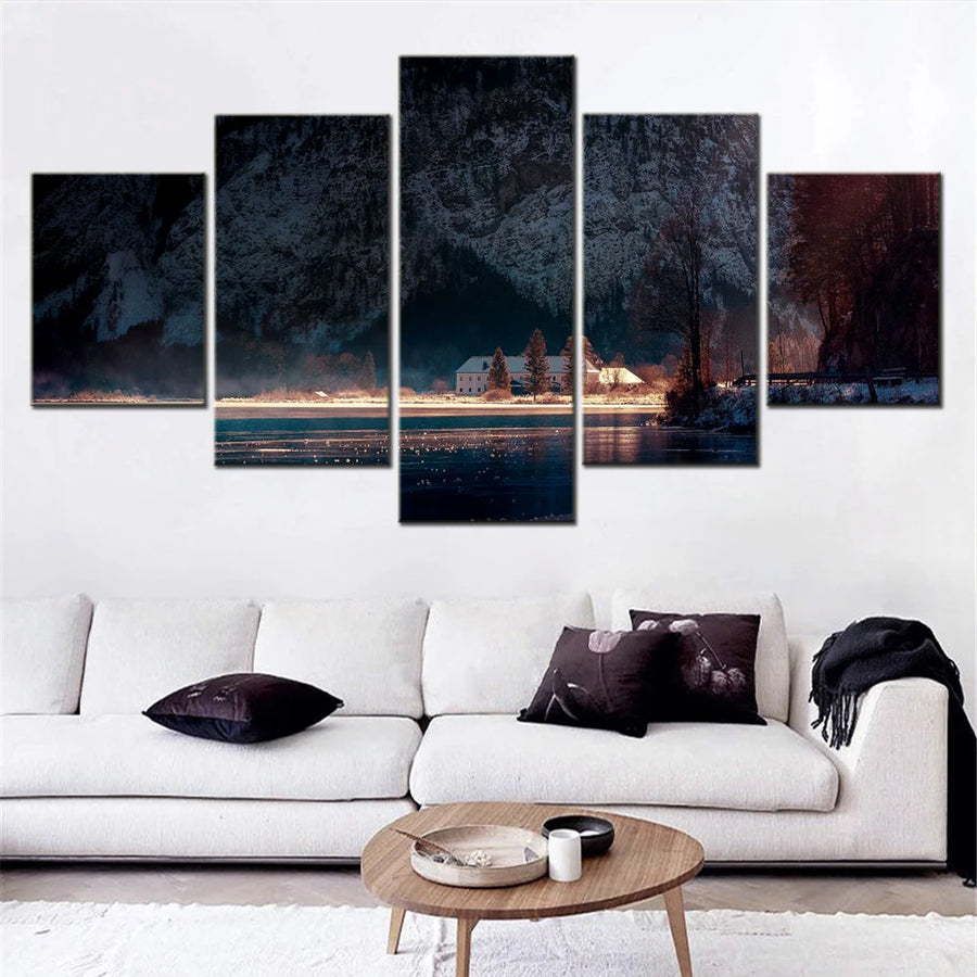 Nature Fall Lake house 5 Panels Painting Canvas Wall Decoration