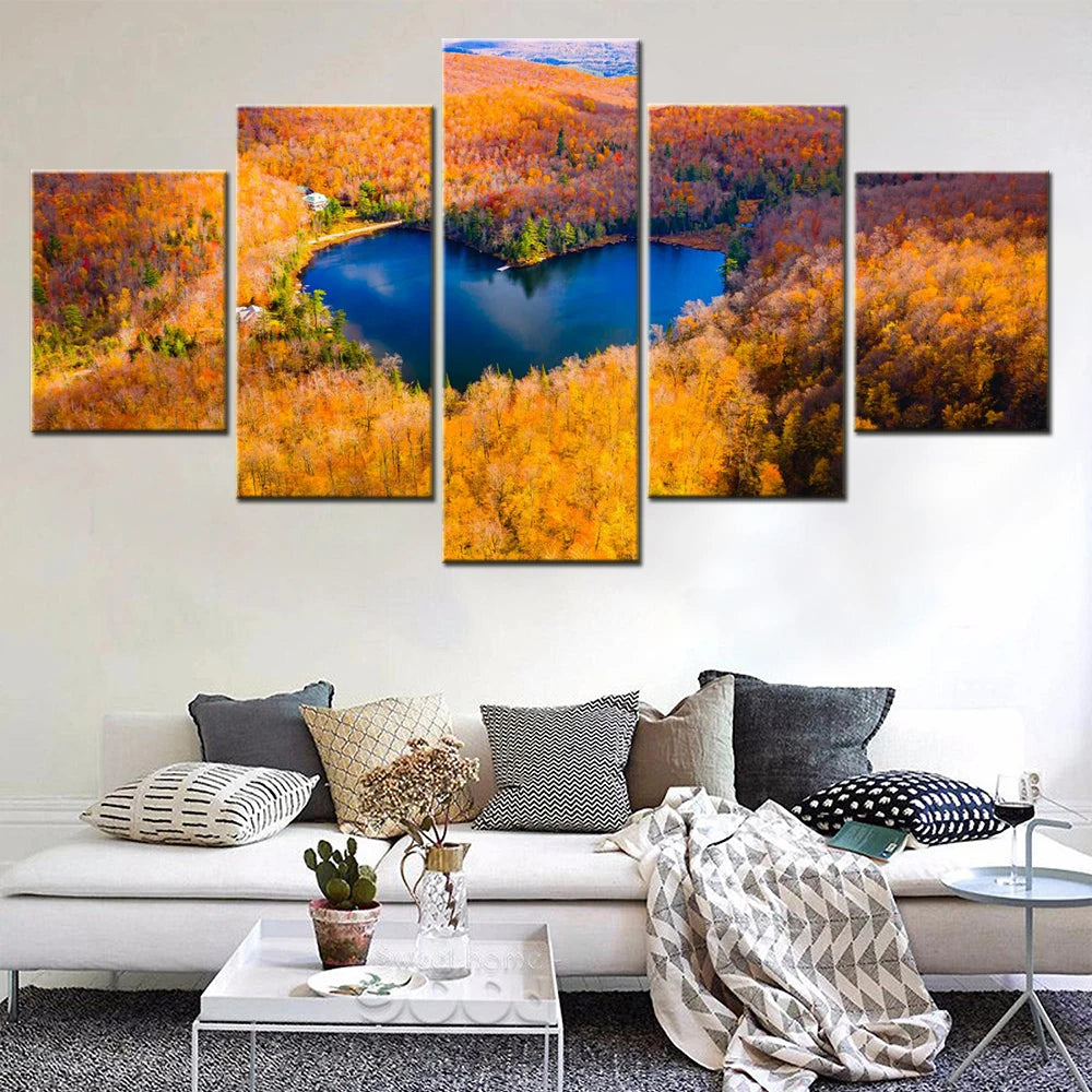 Heart Shaped Lake Autumn Forest 5 Panels Painting Canvas Wall Decoration