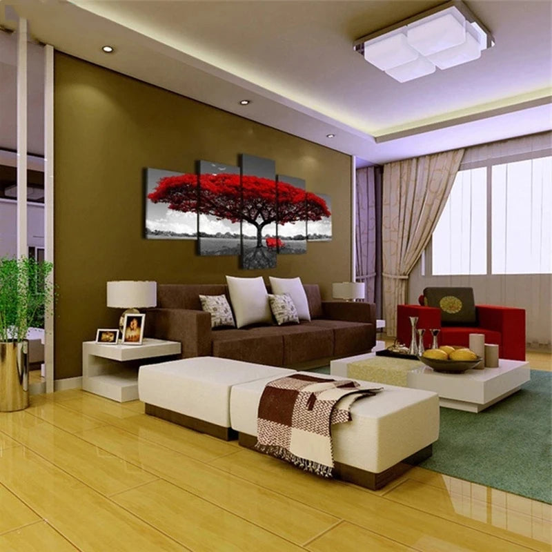 Abstrac Red Tree 5 Panels Painting Canvas Wall Decoration