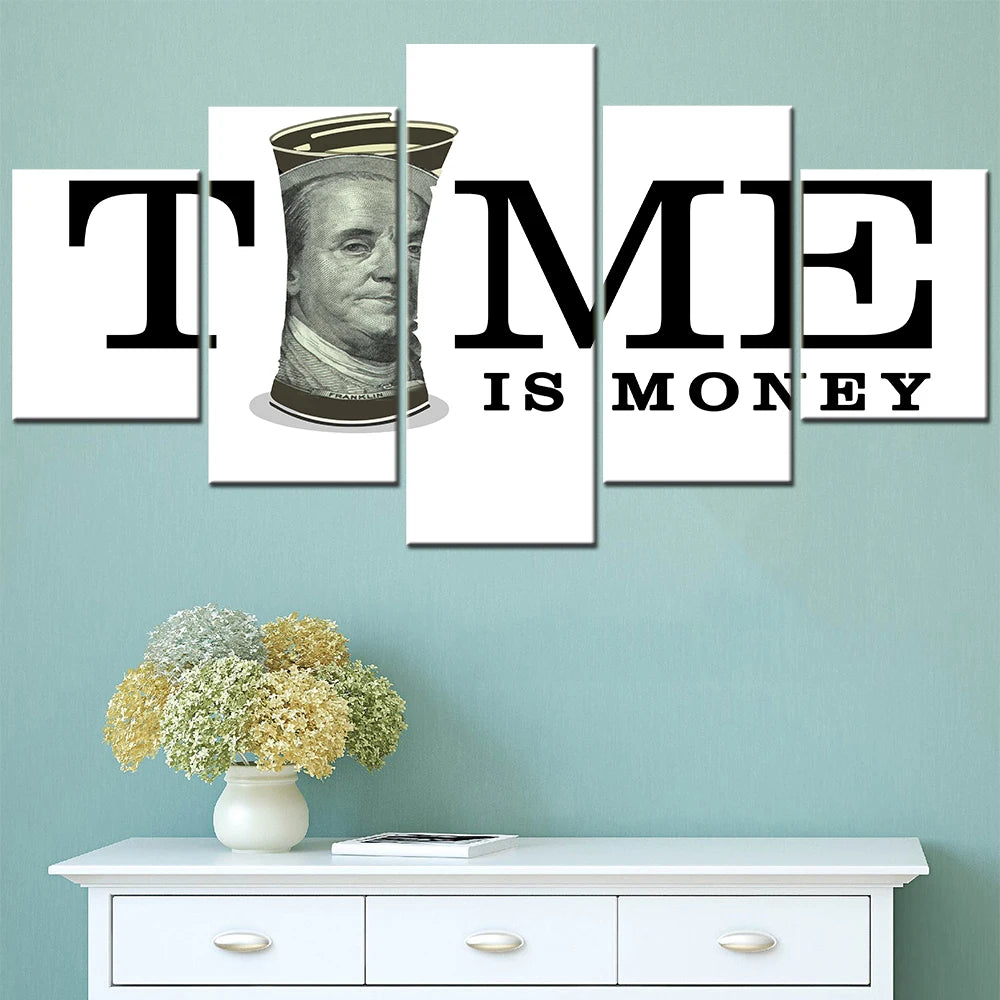 Time Is Money US Dollars 5 Panels Painting Canvas Wall Decoration