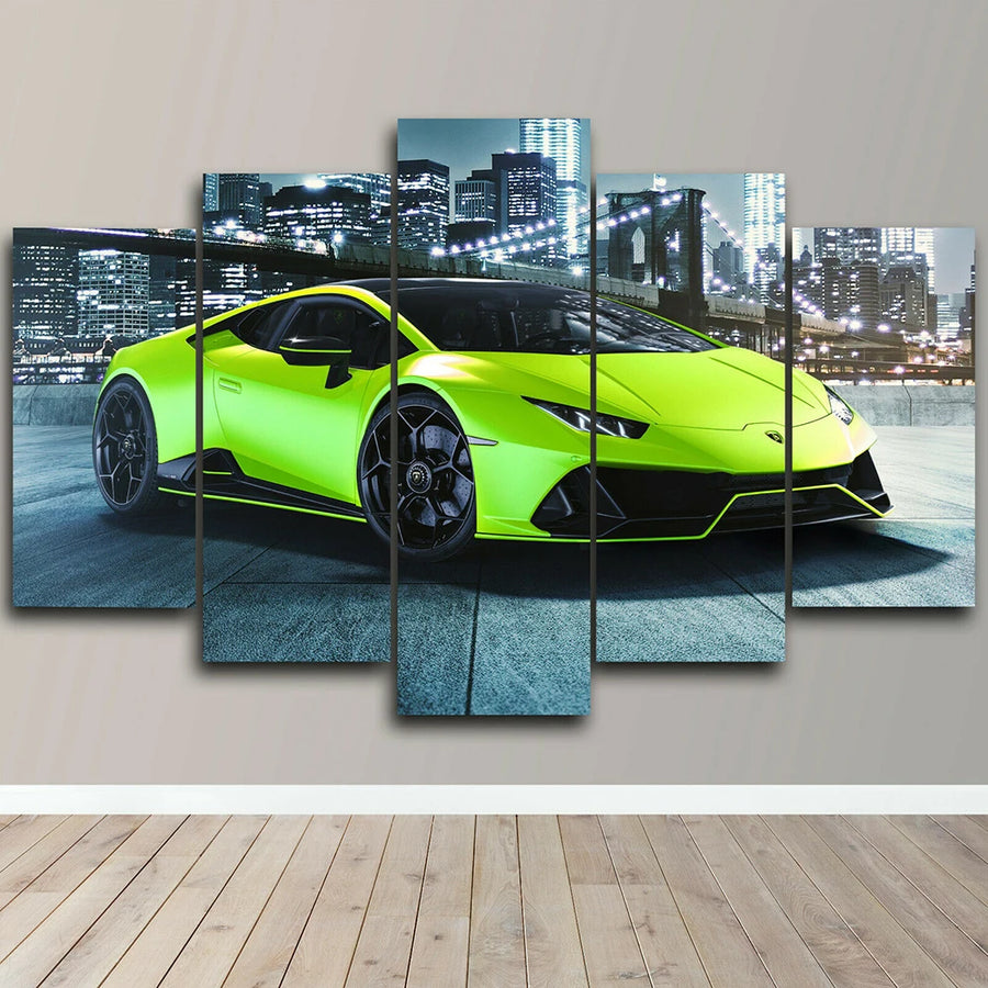 Huracan Green Sport Super Car 5 Panels Painting Canvas Wall Decoration