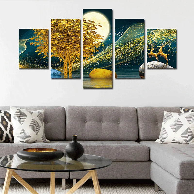 Gloden Tree 5 Panels Painting Canvas Wall Decoration