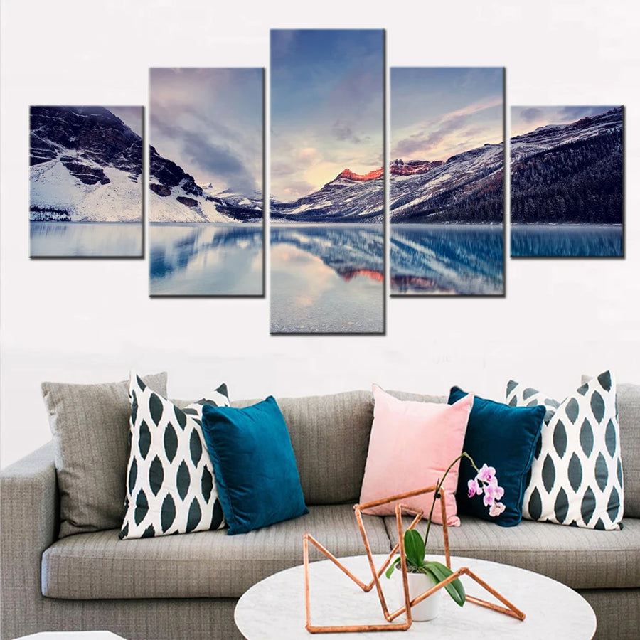 Nature Bow Lake Canadian Rockies 5 Panels Painting Canvas Wall Decoration