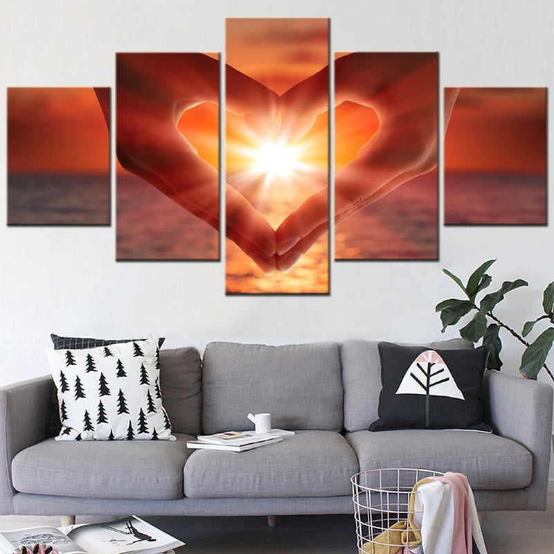 Love Hand In Sunset 5 Panels Painting Canvas Wall Decoration