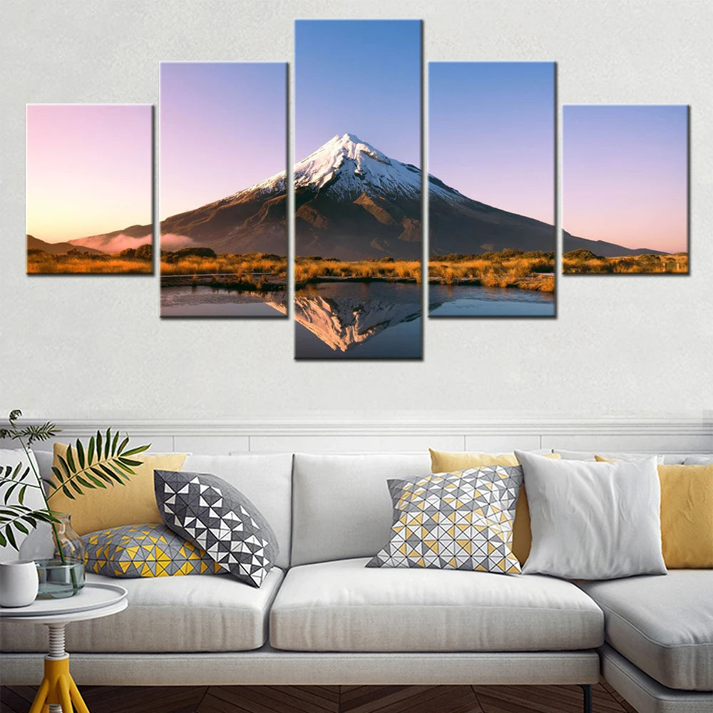 Mount At Lake Nature 5 Panels Painting Canvas Wall Decoration