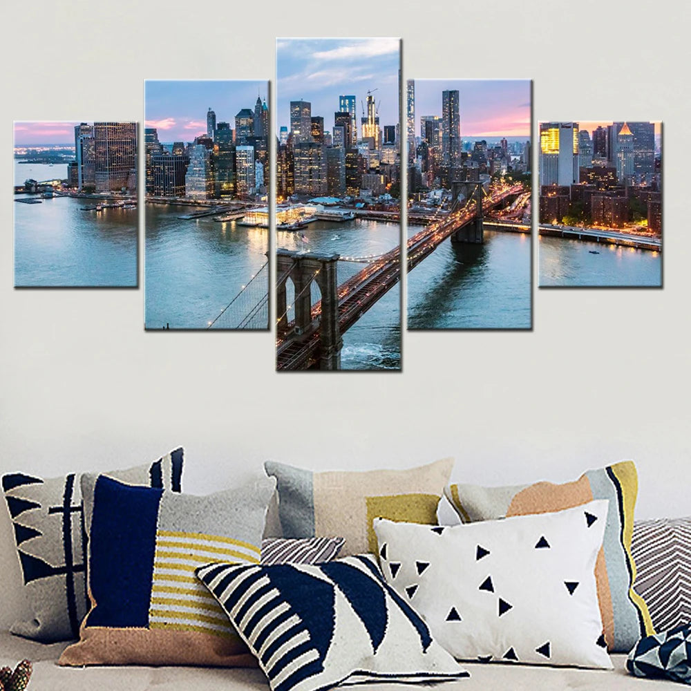 Cityscapes New York Skyline at Sunset 5 Panels Painting Canvas Wall Decoration