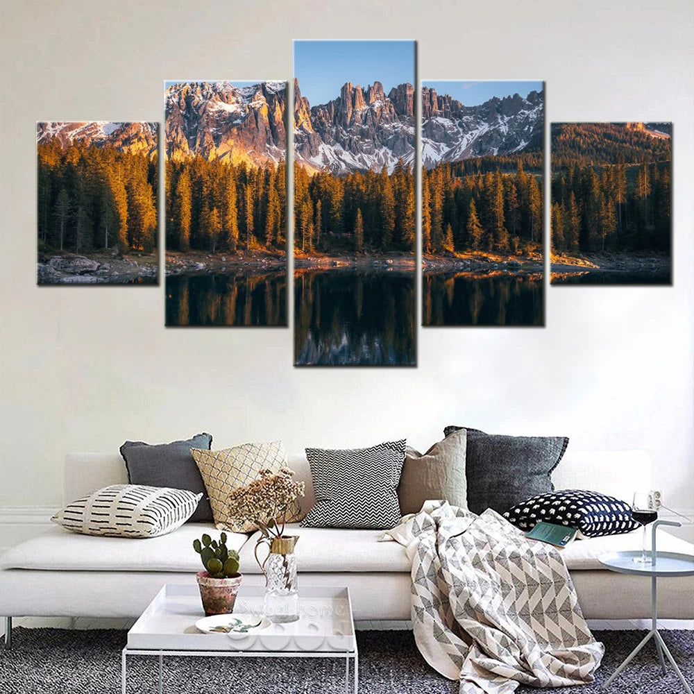 Nature Dolomites Karersee Lake 5 Panels Painting Canvas Wall Decoration