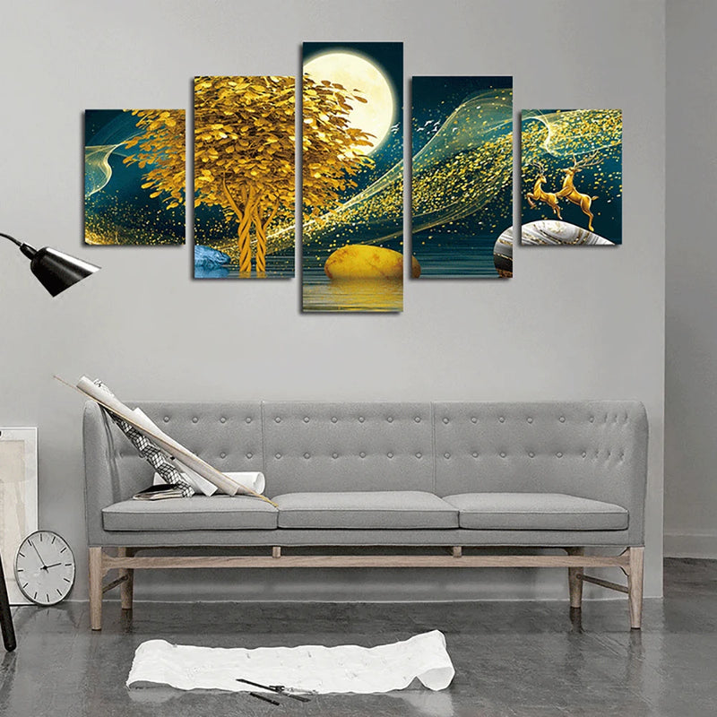 Gloden Tree 5 Panels Painting Canvas Wall Decoration