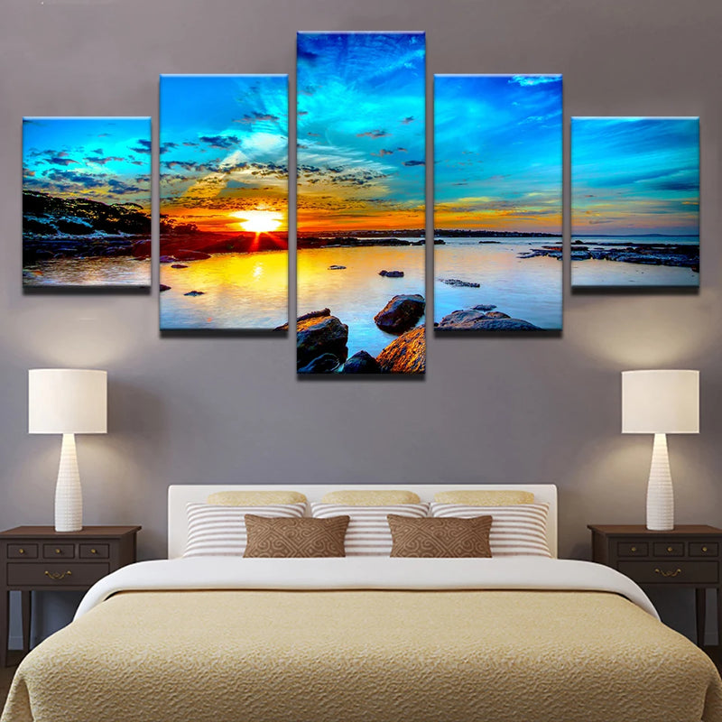 Blue Sky Seaside Sunrise Sea 5 Panels Painting Canvas Wall Decoration