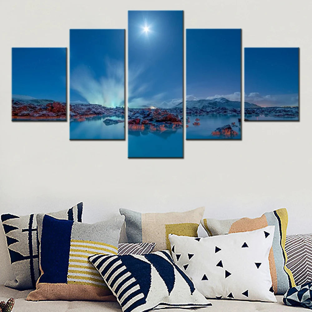 Sea Coast Iceland Lagoon Night Moon 5 Panels Painting Canvas Wall Decoration