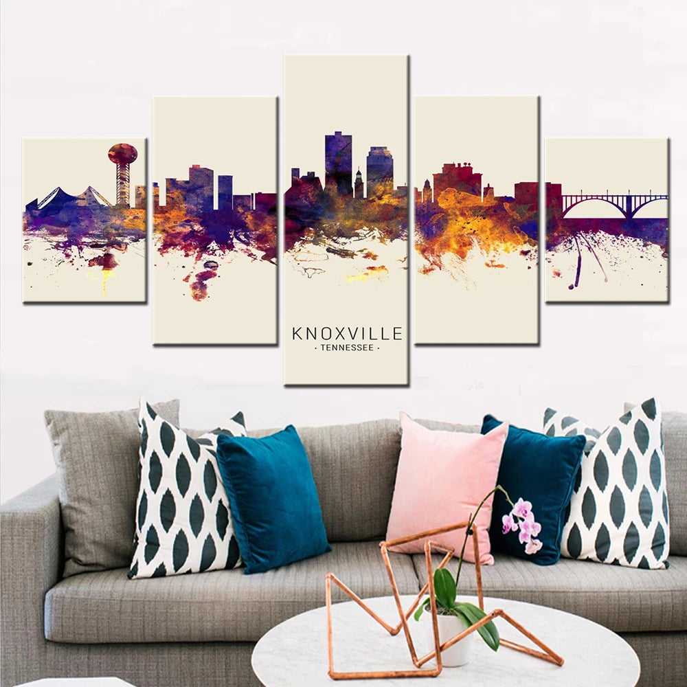 Beige Knoxville Skyline 5 Panels Painting Canvas Wall Decoration