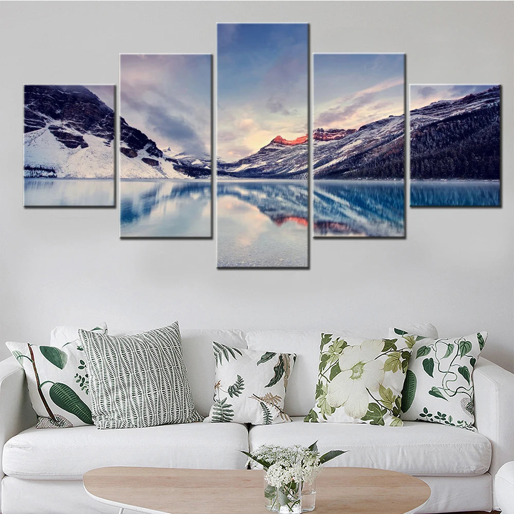 Nature Bow Lake Canadian Rockies 5 Panels Painting Canvas Wall Decoration