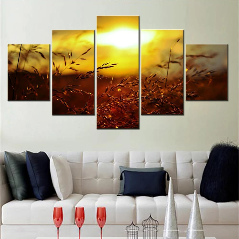 Sunset Grass Golden Hour Nature Summer 5 Panels Painting Canvas Wall Decoration