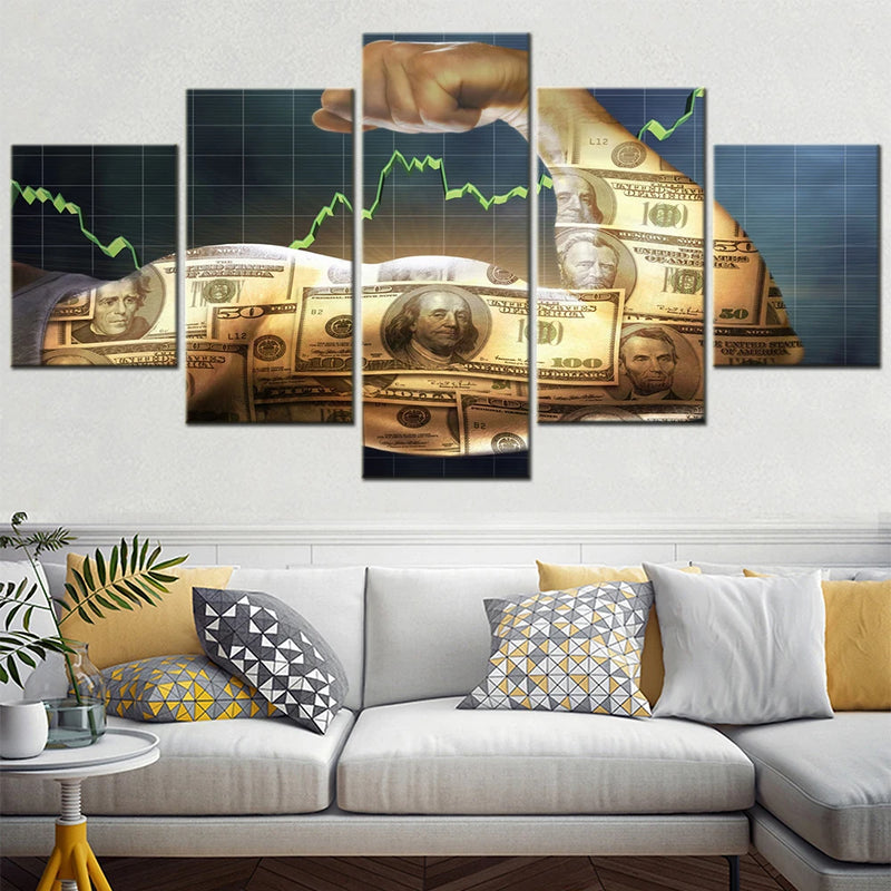 US Dollars Strength 5 Panels Painting Canvas Wall Decoration