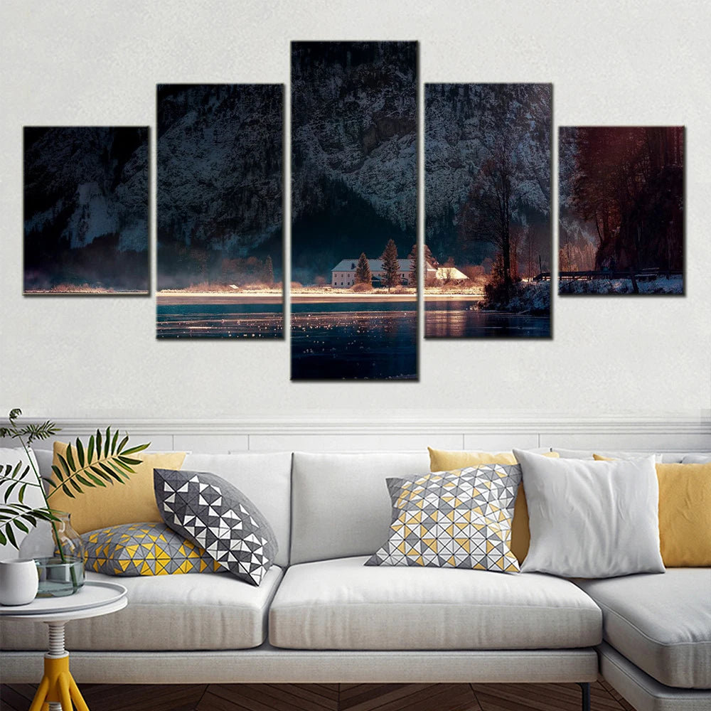 Nature Fall Lake house 5 Panels Painting Canvas Wall Decoration