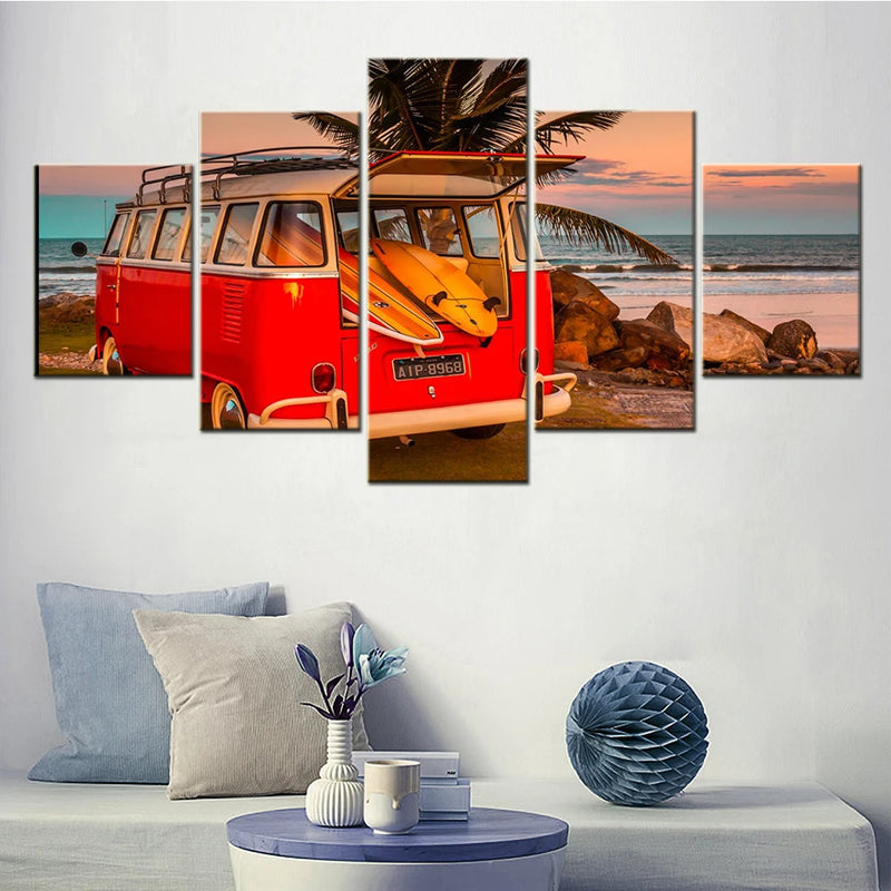 Surf Van Red Car 5 Panels Painting Canvas Wall Decoration