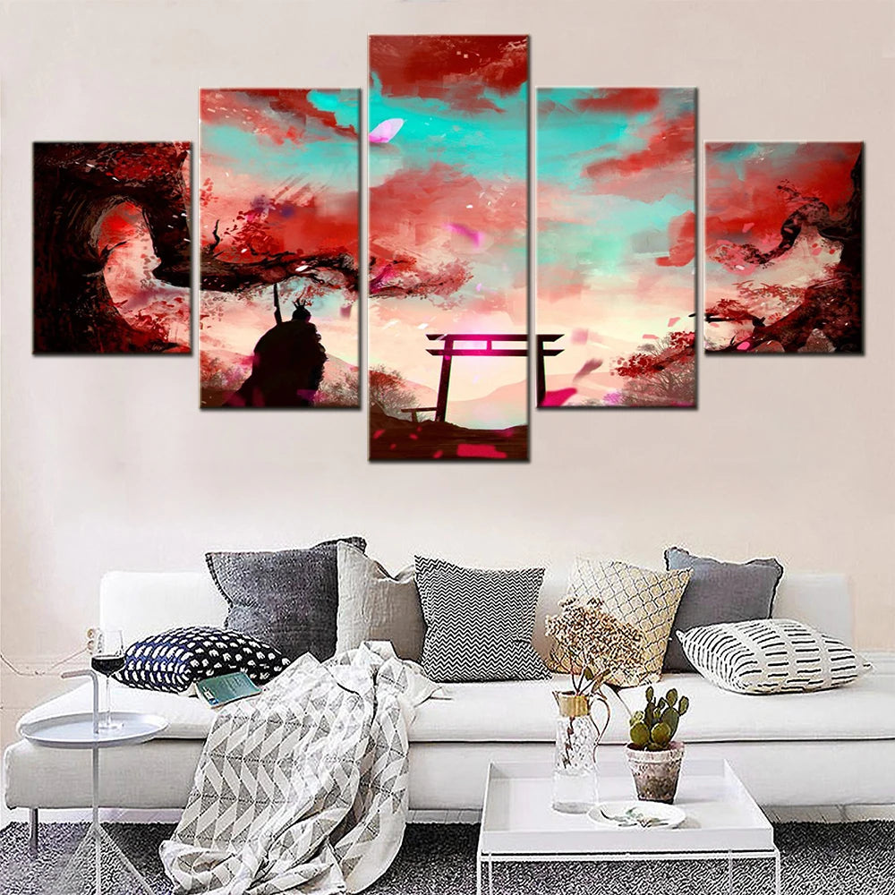Samurai Sakura Torii 5 Panels Painting Canvas Wall Decoration