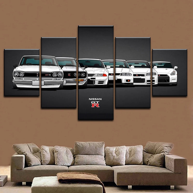 Nissan GTR Car 5 Panels Painting Canvas Wall Decoration