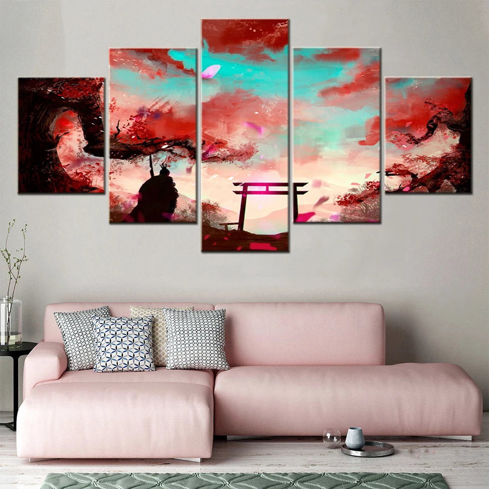 Samurai Sakura Torii 5 Panels Painting Canvas Wall Decoration