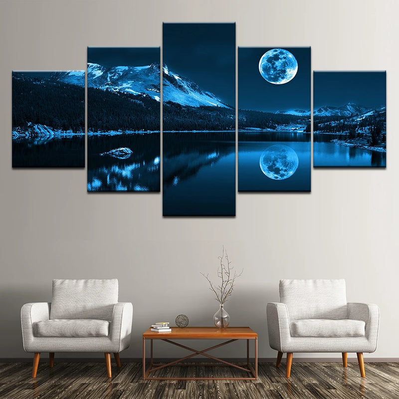 Blue Moon Night Scene 5 Panels Painting Canvas Wall Decoration