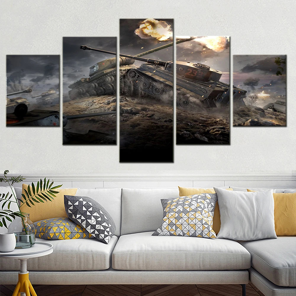 Tanks In Action Close Combat IS VS Tiger 5 Panels Painting Canvas Wall Decoration