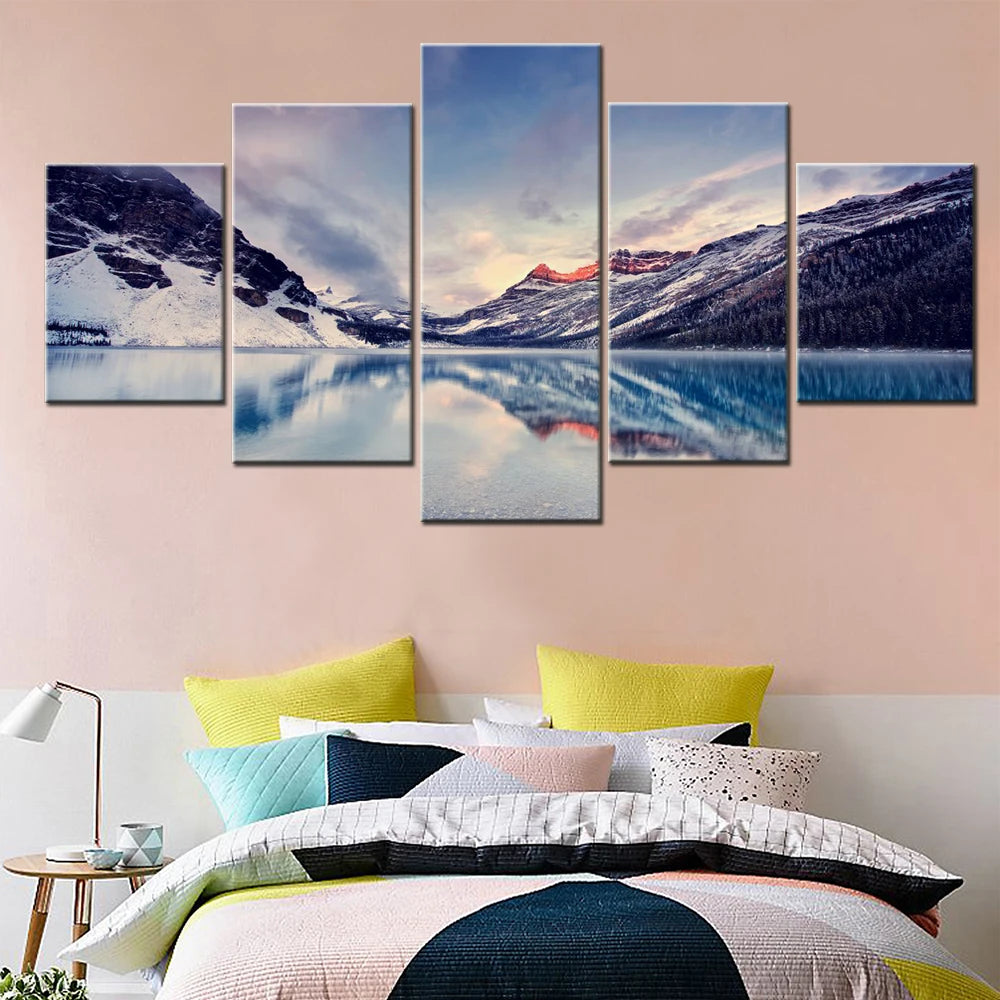 Nature Bow Lake Canadian Rockies 5 Panels Painting Canvas Wall Decoration
