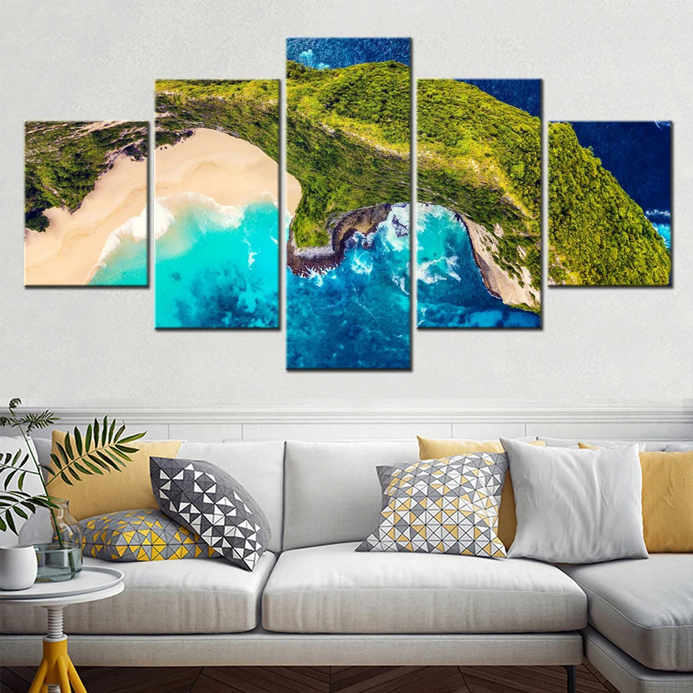 Nature Kelingking Beach Aerial View 5 Panels Painting Canvas Wall Decoration