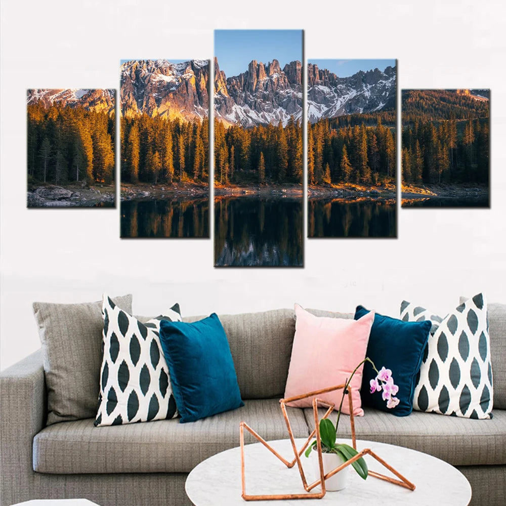 Nature Dolomites Karersee Lake 5 Panels Painting Canvas Wall Decoration