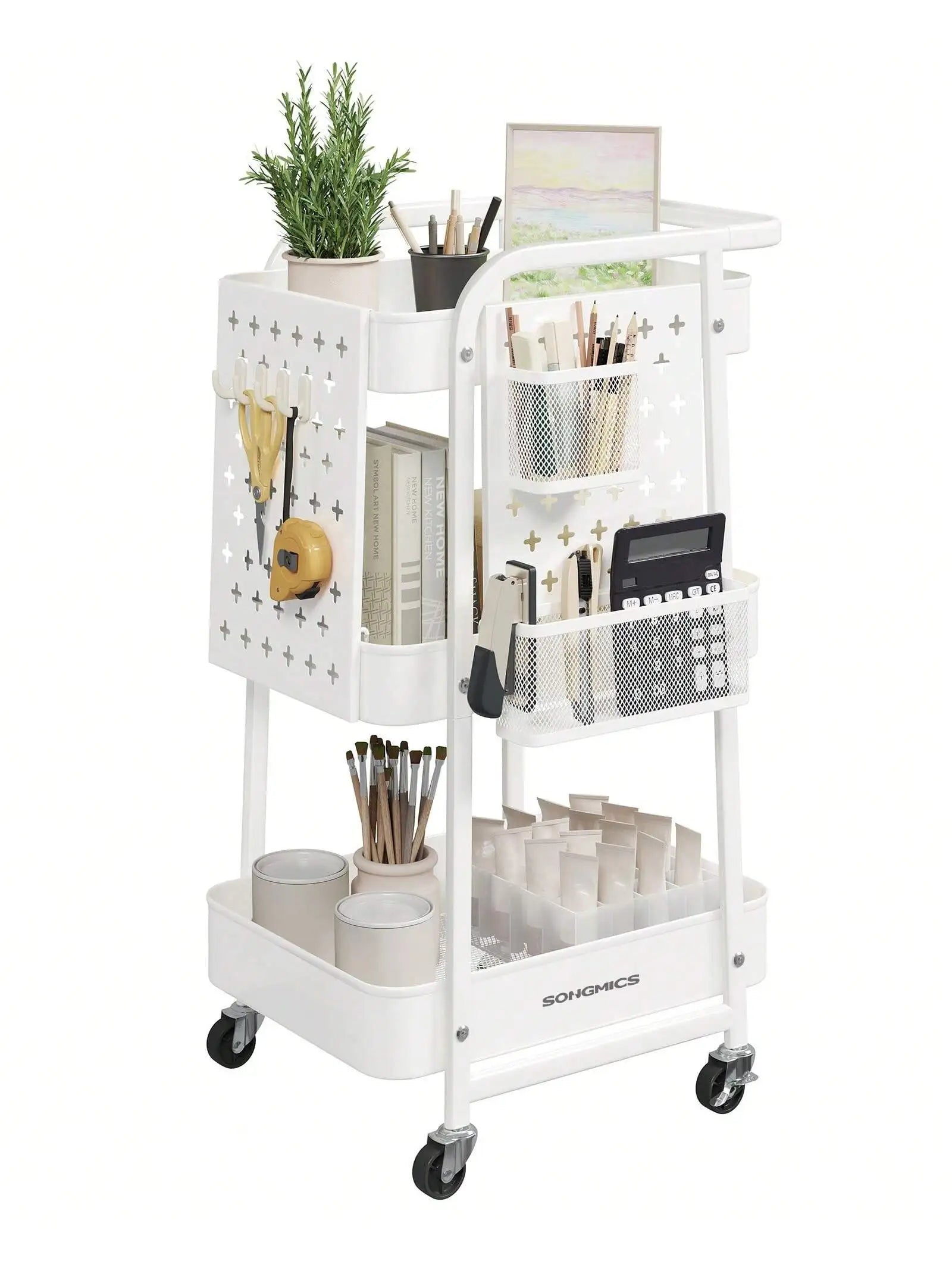 3-Tier Rolling Utility Cart with Pegboards & Hooks – Metal Mesh Storage Organizer