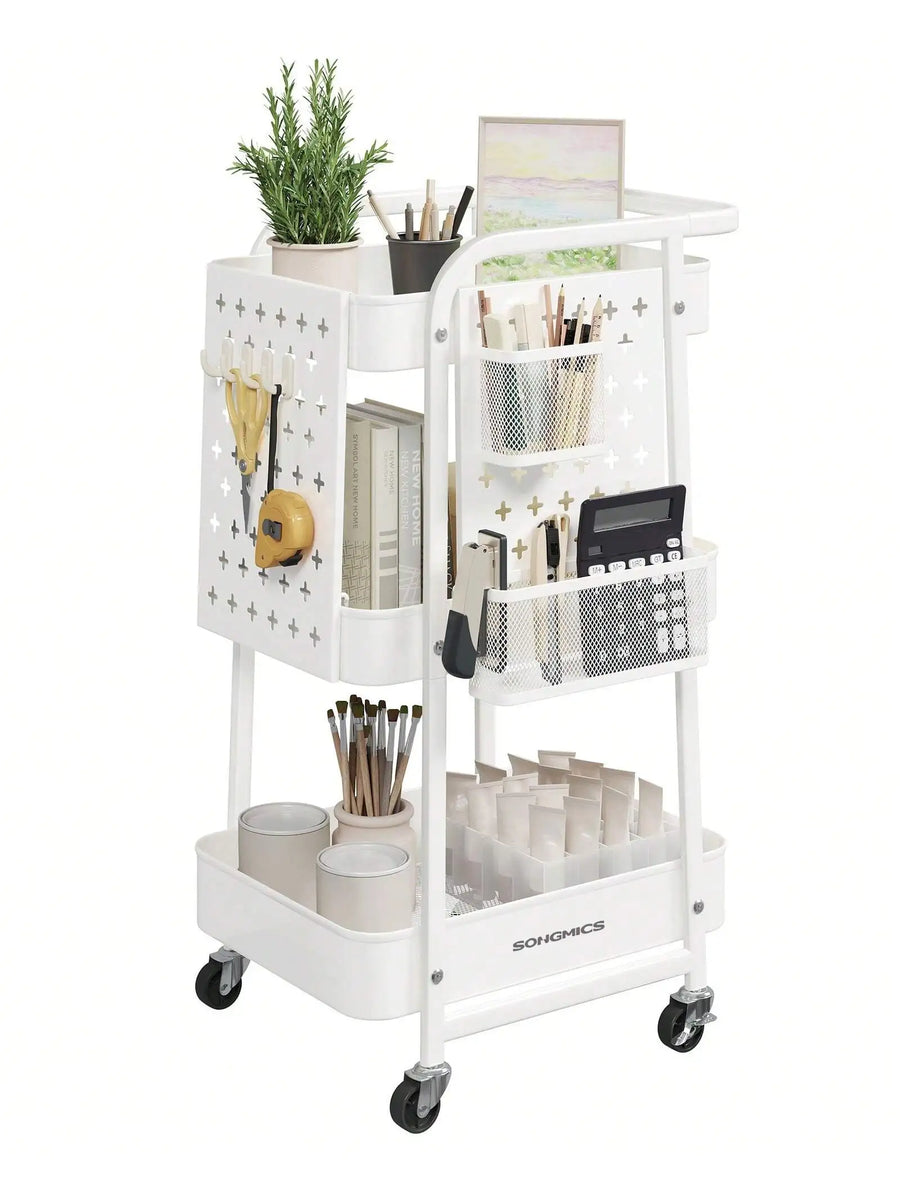 3-Tier Rolling Utility Cart with Pegboards & Hooks – Metal Mesh Storage Organizer