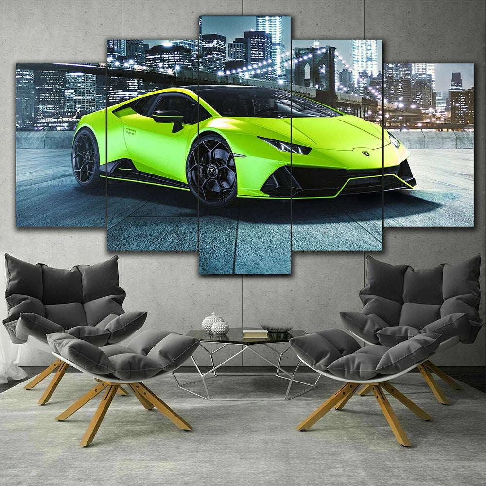 Huracan Green Sport Super Car 5 Panels Painting Canvas Wall Decoration