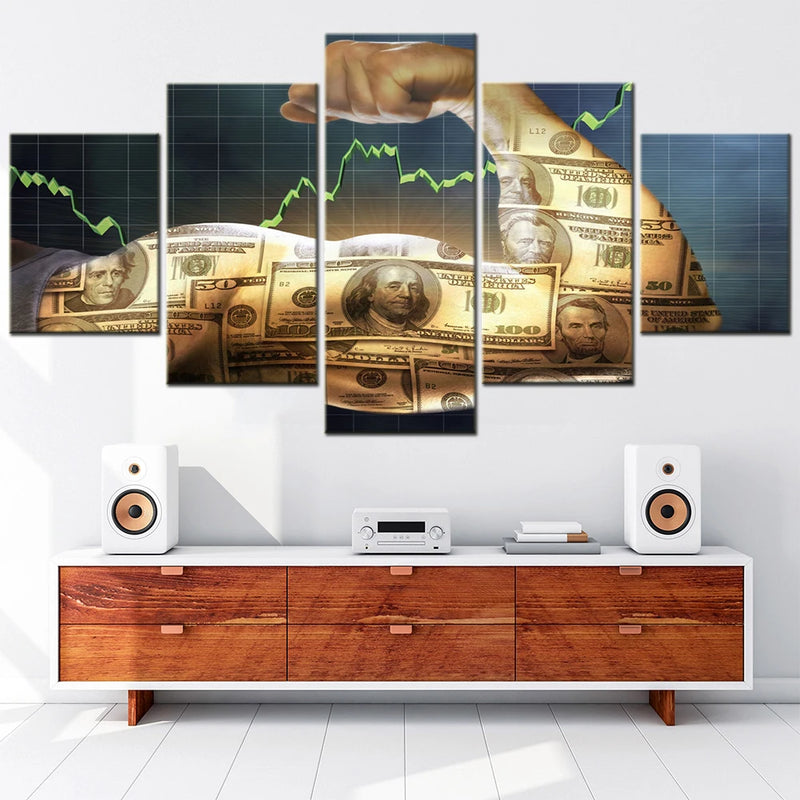 US Dollars Strength 5 Panels Painting Canvas Wall Decoration