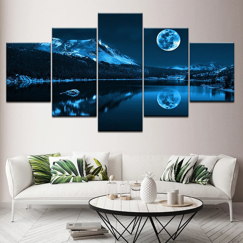 Blue Moon Night Scene 5 Panels Painting Canvas Wall Decoration