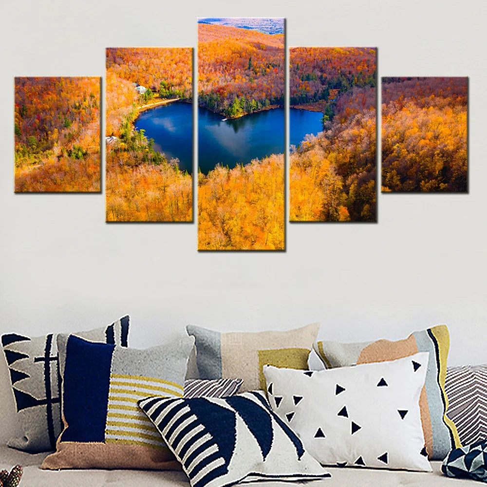 Heart Shaped Lake Autumn Forest 5 Panels Painting Canvas Wall Decoration