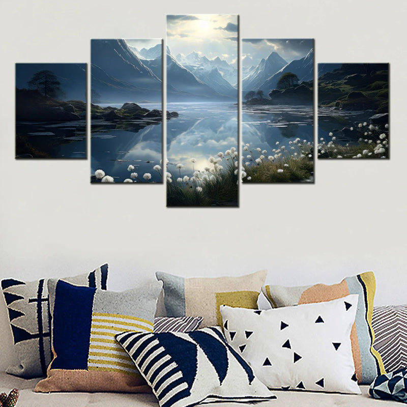 Nature Alpine lake Moonlight 5 Panels Painting Canvas Wall Decoration