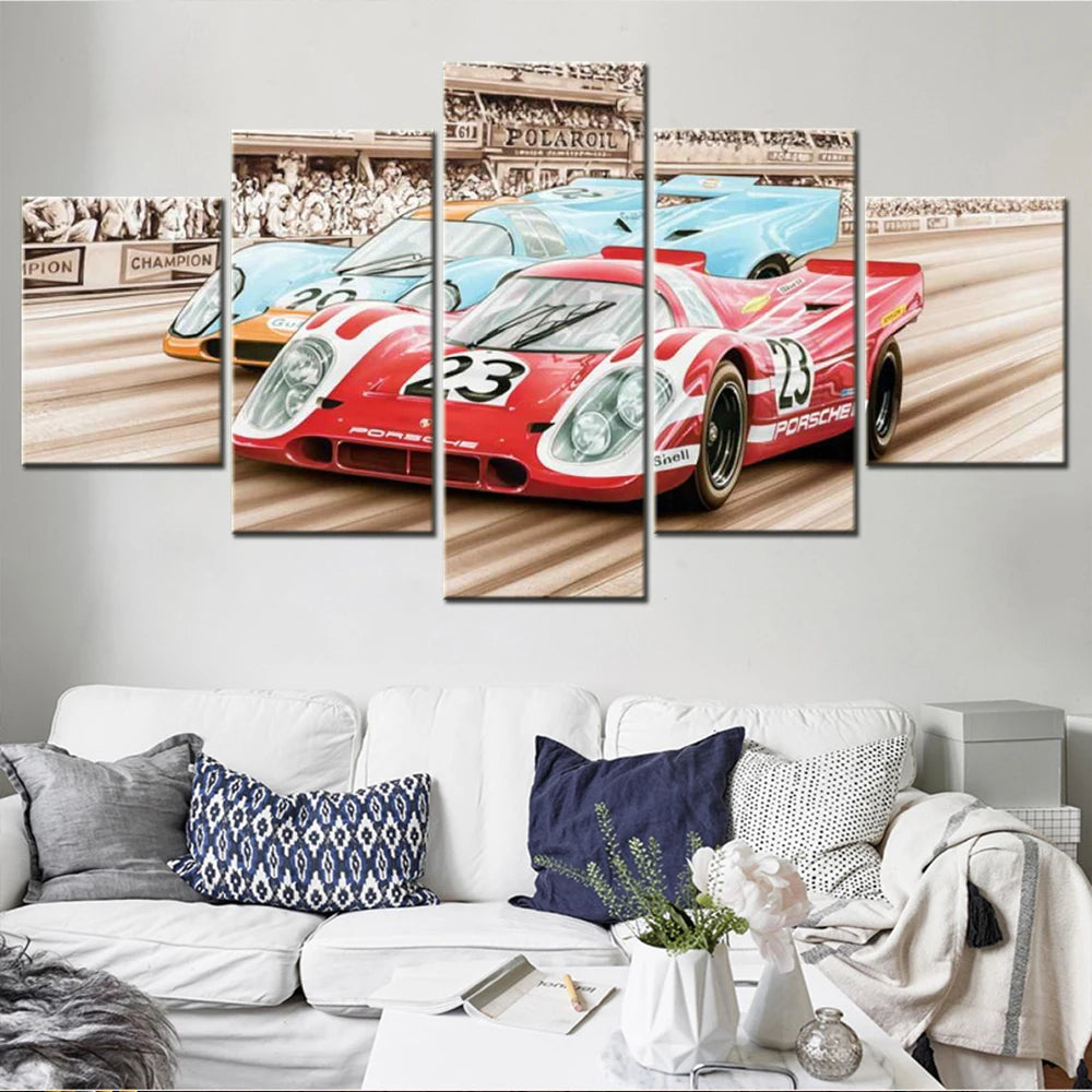 24 Hours Le Man Racing Car 5 Panels Painting Canvas Wall Decoration