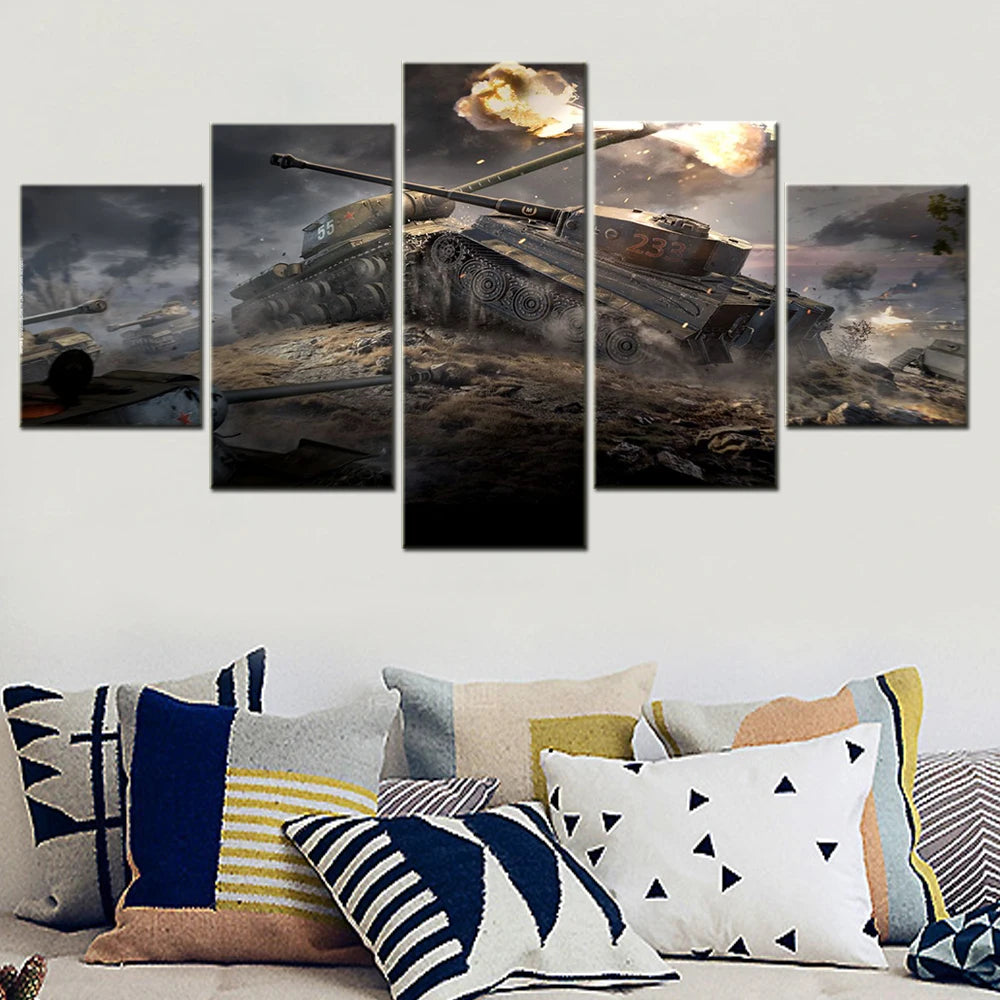 Tanks In Action Close Combat IS VS Tiger 5 Panels Painting Canvas Wall Decoration