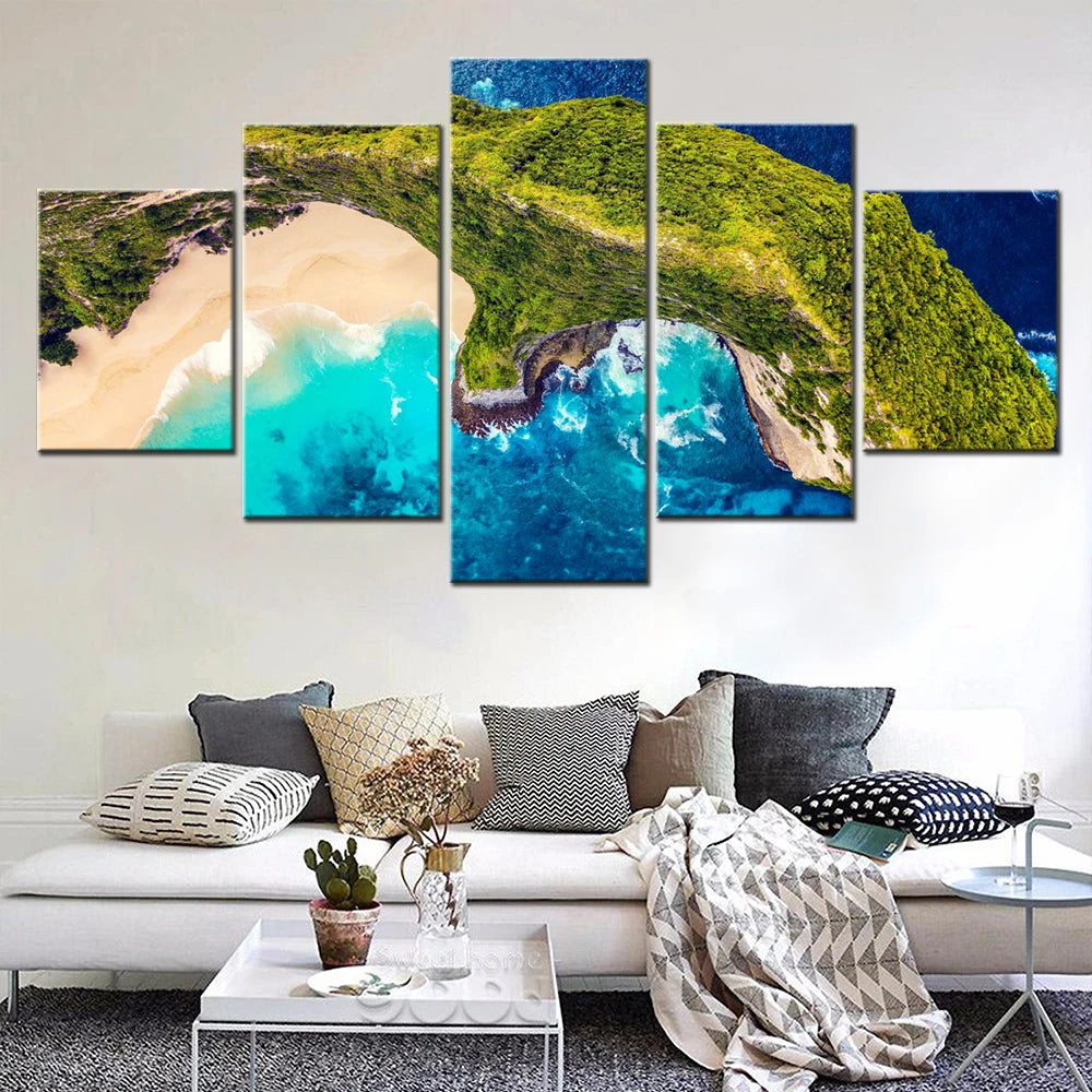 Nature Kelingking Beach Aerial View 5 Panels Painting Canvas Wall Decoration