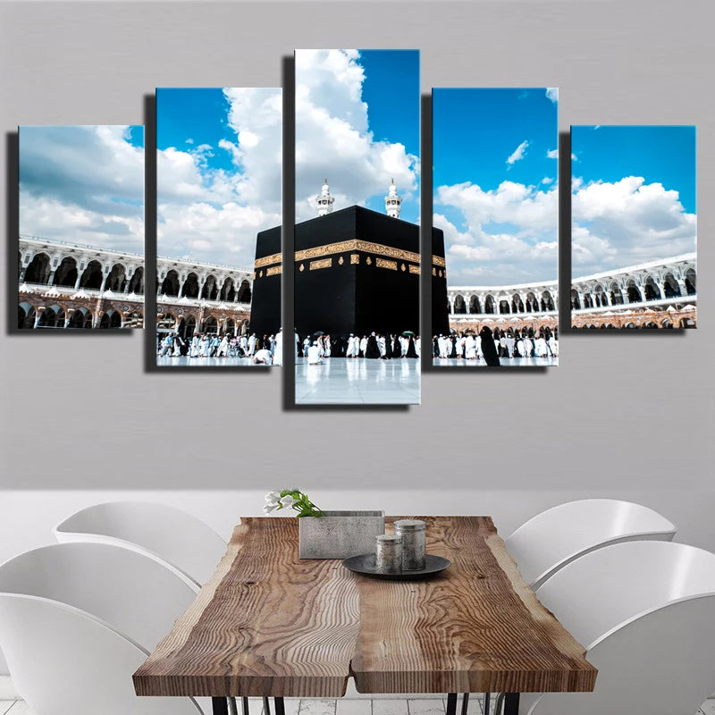 Islamic Religious Hajj Round 5 Panels Painting Canvas Wall Decoration