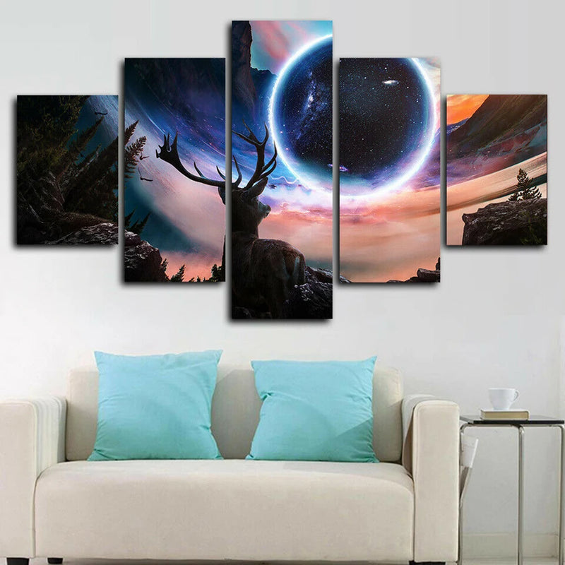 Deer Elk Moose Moon Star Universe Planet 5 Panels Painting Canvas Wall Decoration