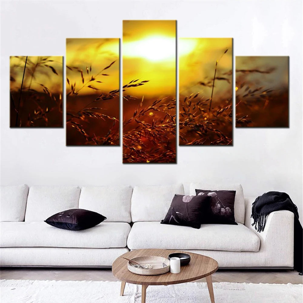 Sunset Grass Golden Hour Nature Summer 5 Panels Painting Canvas Wall Decoration
