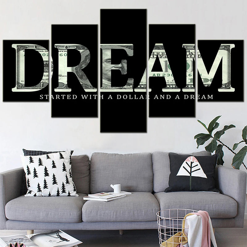 Dollar and Dream 5 Panels Painting Canvas Wall Decoration