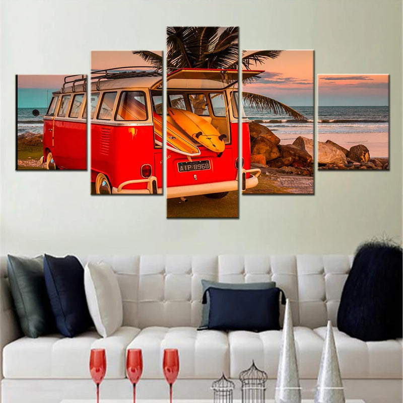 Surf Van Red Car 5 Panels Painting Canvas Wall Decoration