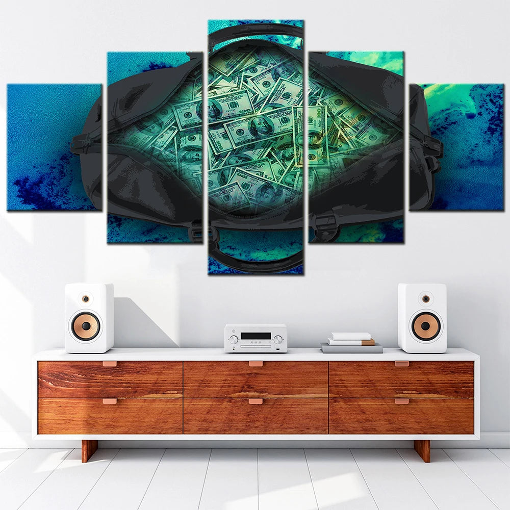 Colorful Bag of Dollars 5 Panels Painting Canvas Wall Decoration