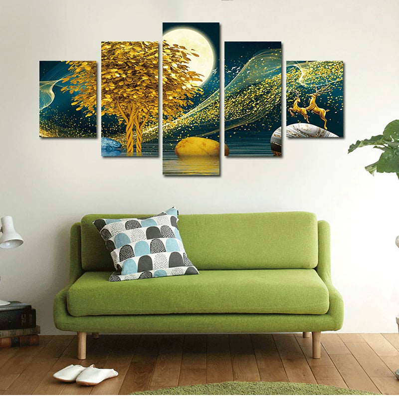 Gloden Tree 5 Panels Painting Canvas Wall Decoration