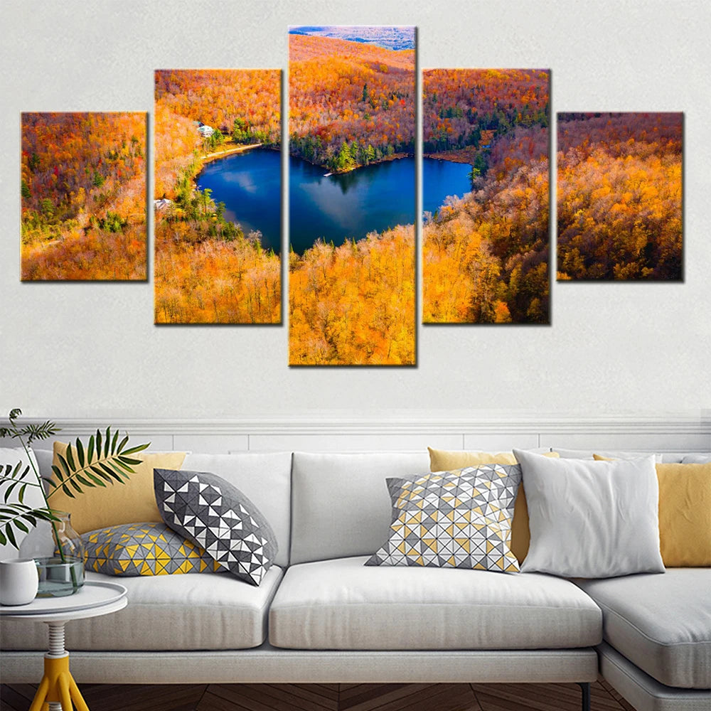 Heart Shaped Lake Autumn Forest 5 Panels Painting Canvas Wall Decoration